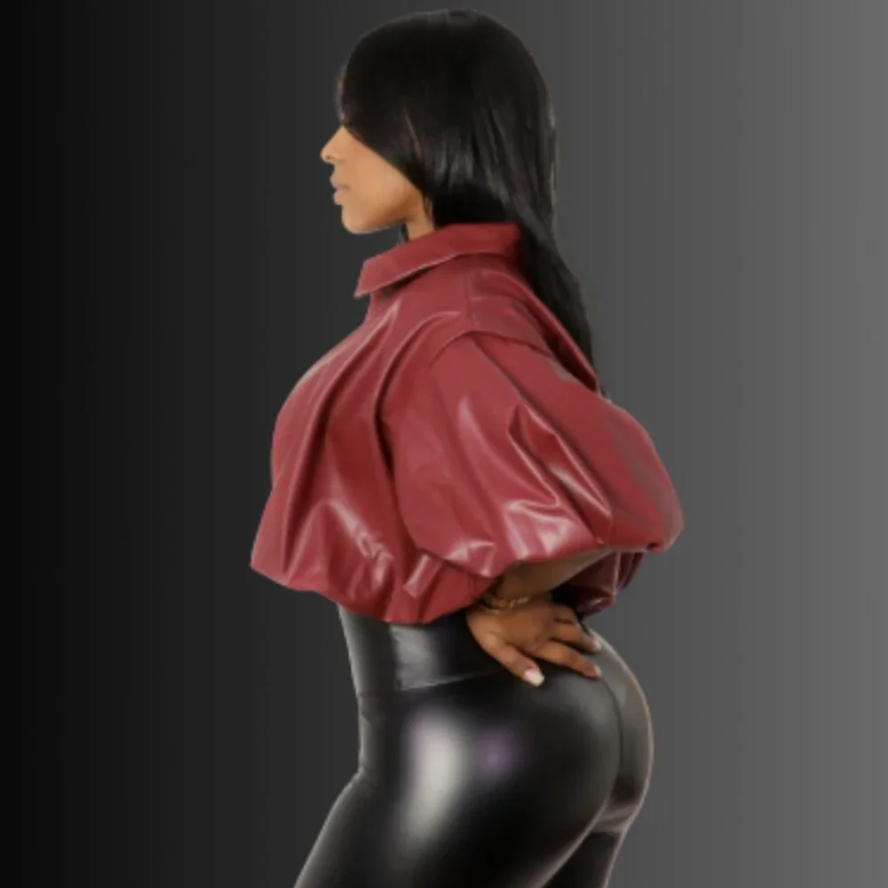Faux Leather Zip-Up Bubble Sleeve Top - Picture 2 of 3